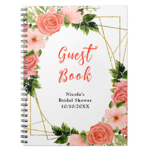 Coral Roses with Foliage Bridal Shower Guest Book