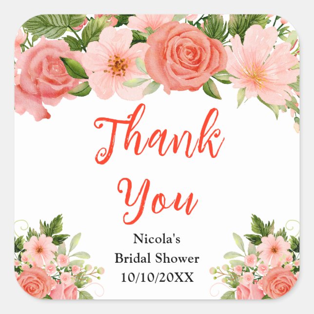 Coral Roses with Foliage Bridal Shower Thank You Square Sticker (Front)