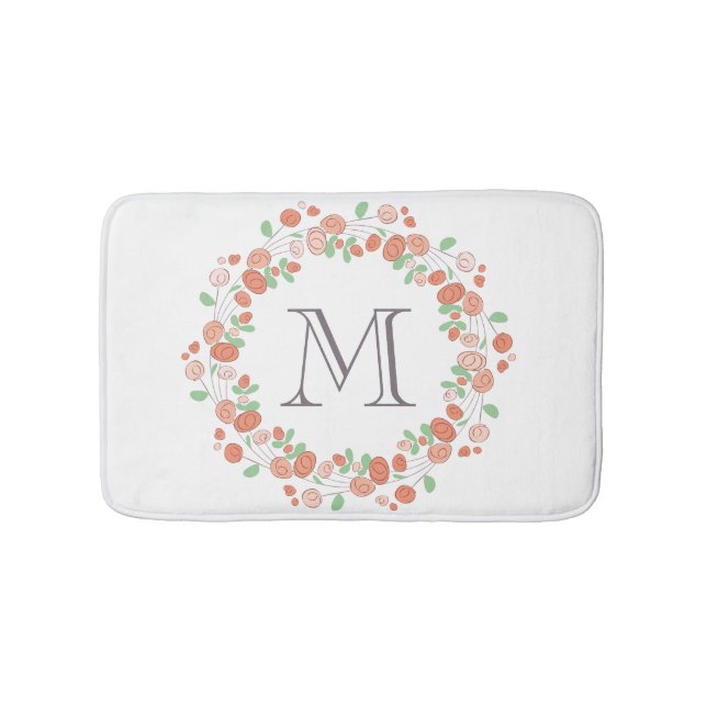 coral roses wreath monogram bath mat (Front)