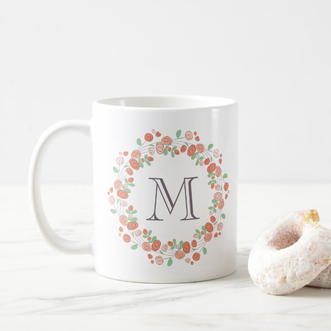 coral roses wreath monogram coffee mug (With Donut)