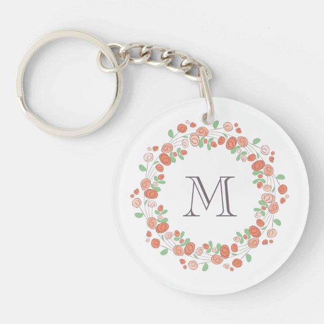 coral roses wreath monogram key ring (Front)