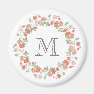 coral roses wreath monogram magnet