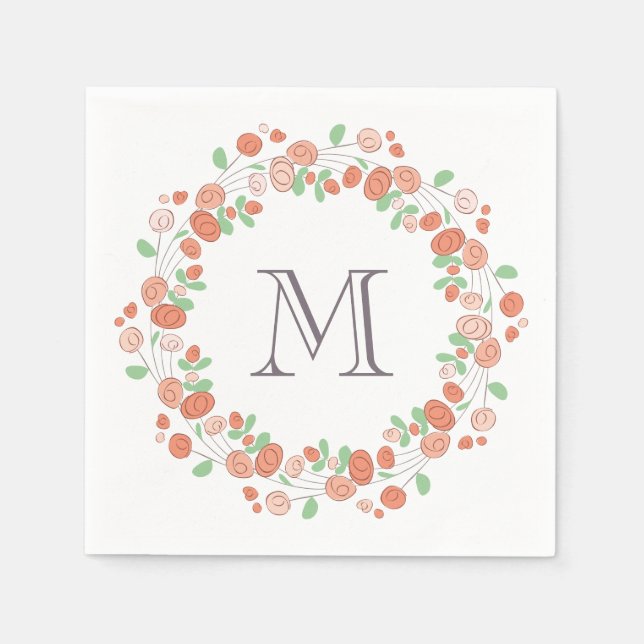 coral roses wreath monogram napkin (Front)