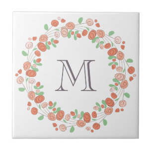 coral roses wreath monogram tile