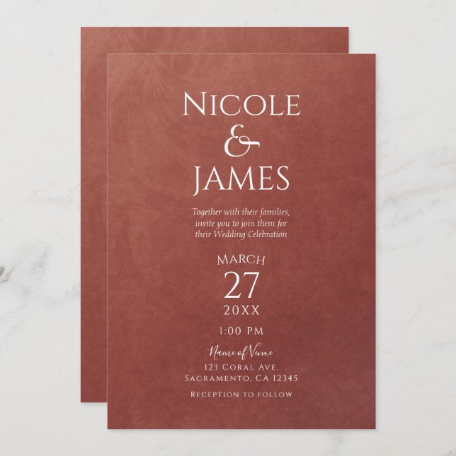 Coral Rust Orange Colour Minimal Elegant Wedding Invitation (Front/Back)