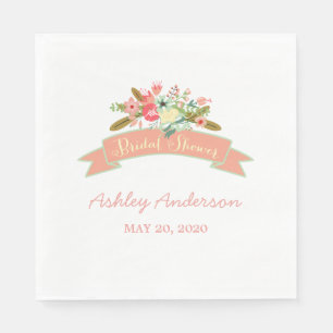 Coral Rustic Flowers Bridal Shower Paper Napkins