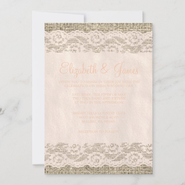 Coral Rustic Lace & Barn Wood Wedding Invitations (Front)