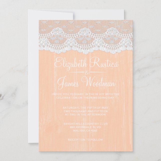 Coral Rustic Lace & Barn Wood Wedding Invitations (Front)