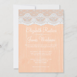 Coral Rustic Lace & Barn Wood Wedding Invitations