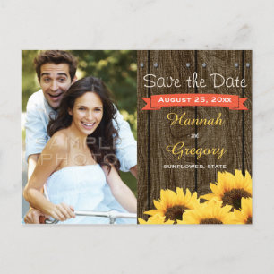 CORAL RUSTIC SUNFLOWER SAVE THE DATE POSTCARD