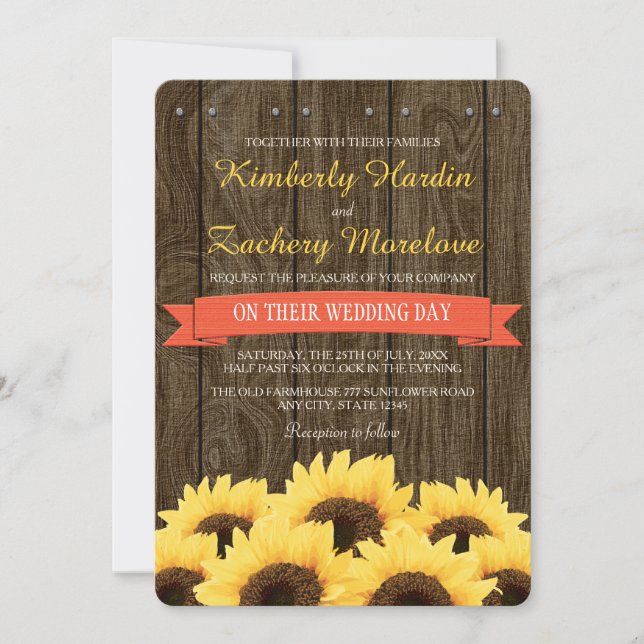 CORAL RUSTIC SUNFLOWER WEDDING INVITATION (Front)