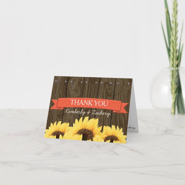 CORAL RUSTIC SUNFLOWER WEDDING THANK YOU CARD (Front)