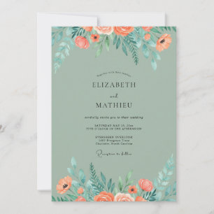 Coral Sage Botanical Watercolor Wedding Invitation