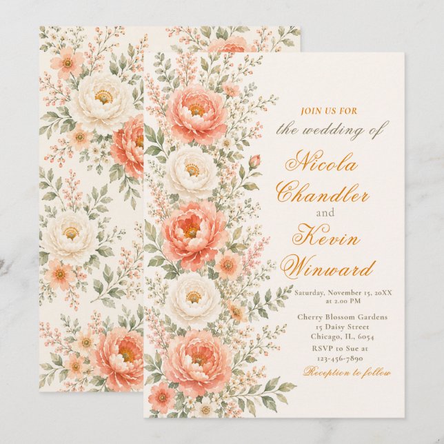 Coral & Sage Floral Wedding Invitation (Front/Back)