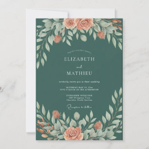 Coral Sage Leafy Wedding Invitation