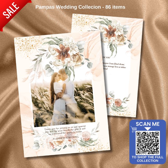 Coral Sage Pampas Grass Floral PHOTO THANK YOU Card (Creator Uploaded)