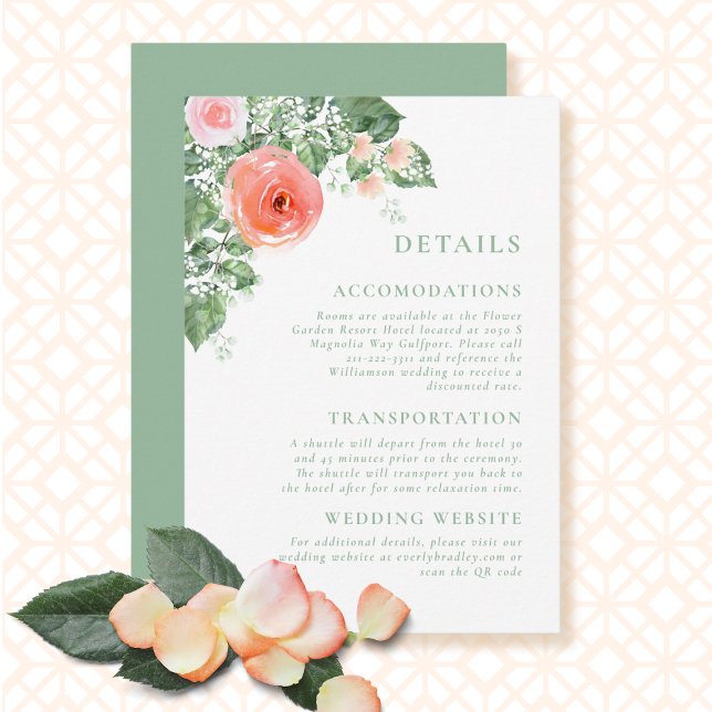 Coral Sage Romantic Floral QR Code Detail Wedding  Enclosure Card (Creator Uploaded)