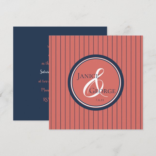 Coral Salmon and Navy Stripes Wedding Invitation (Front/Back)