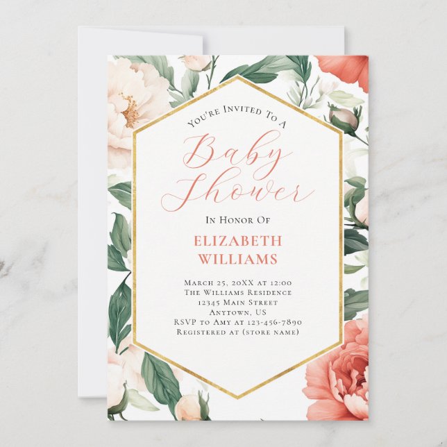 Coral Salmon Ivory Peonies Baby Shower Invitation (Front)