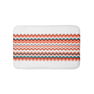 Coral Salmon Orange Blue Wavy Zigzag Pattern Bath Mat