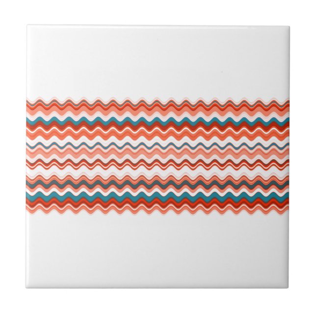 Coral Salmon Orange Blue Wavy Zigzag Pattern Tile (Front)
