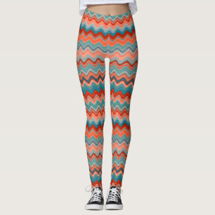 Coral Salmon Orange Teal Wavy Zigzag Pattern Leggings