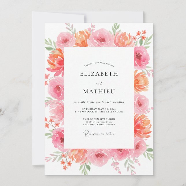 Coral Salmon Peony Wedding Invitation (Front)