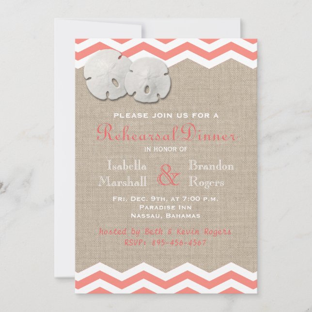 Coral Sand Dollar & Chevron Rehearsal Dinner Invitation (Front)