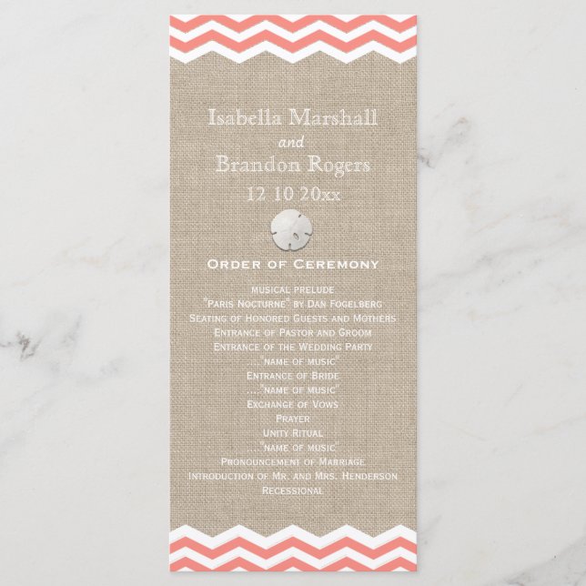 Coral Sand Dollar & Chevron Wedding Program Programme (Front)