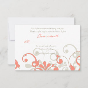 Coral, Sand Tan, White Floral Wedding RSVP Card