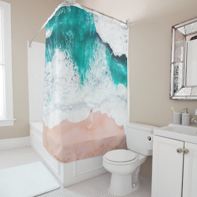 Coral Sand Turquoise Ocean Beach Shower Curtain (In Situ)