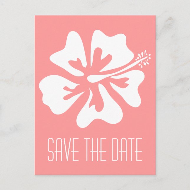 Coral save the date postcards with Hibiscus flower (Front)