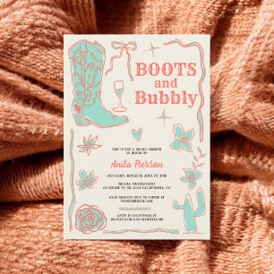 Coral scribbles boots bubbly bridal shower invitation