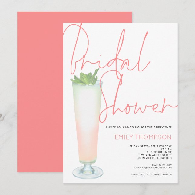 Coral Script Cocktail Bridal Shower Invitation (Front/Back)