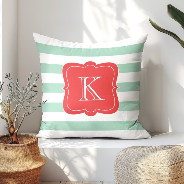 Coral & Seafoam Custom Monogrammed | Throw Pillow (Creator Uploaded)