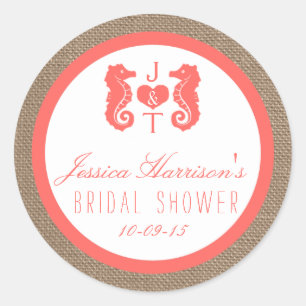 Coral Seahorse Burlap Beach Bridal Shower Stickers