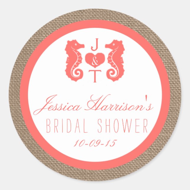 Coral Seahorse Burlap Beach Bridal Shower Stickers (Front)