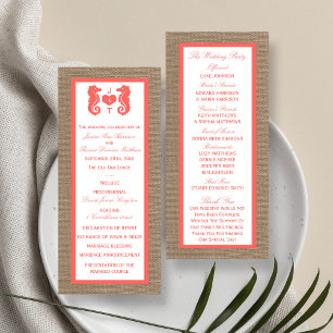 Coral Seahorse Burlap Beach Wedding Program Rack Card