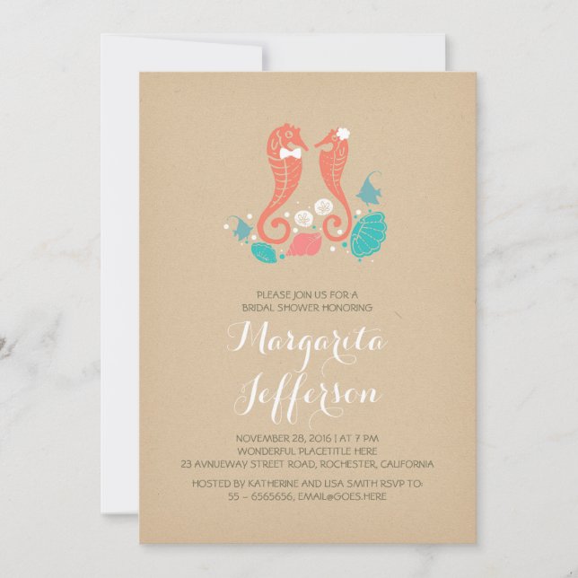 coral seahorse couple cute bridal shower invite (Front)
