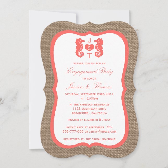 Coral Seahorse On Burlap Beach Engagement Shower Invitation (Front)