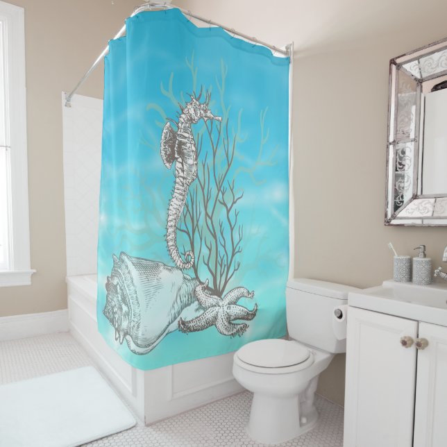 Coral Seahorse Starfish Ocean Decor Shower Curtain (In Situ)