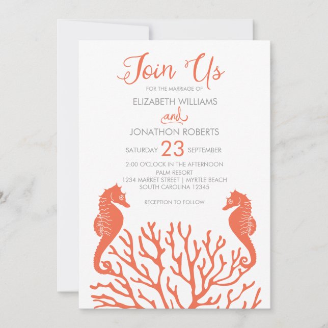 Coral Seahorse Wedding Invite (Front)
