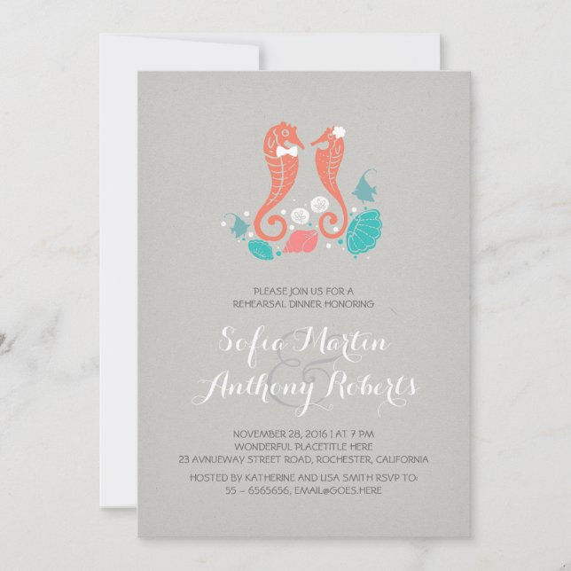 Coral seahorses beach rehearsal dinner invites (Front)