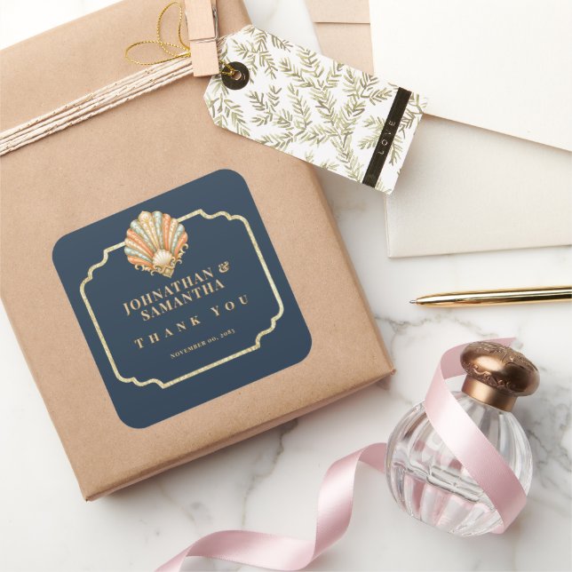 Coral seashell wedding navy thank you favour squar square sticker (Gifting)