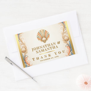 Coral seashell wedding thank you favour vintage rectangular sticker