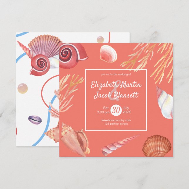 Coral & Seashells Beach All in One Wedding Invitation (Front/Back)