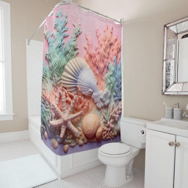 Coral, Seashells, Beach, Ocean Shower Curtain (In Situ)