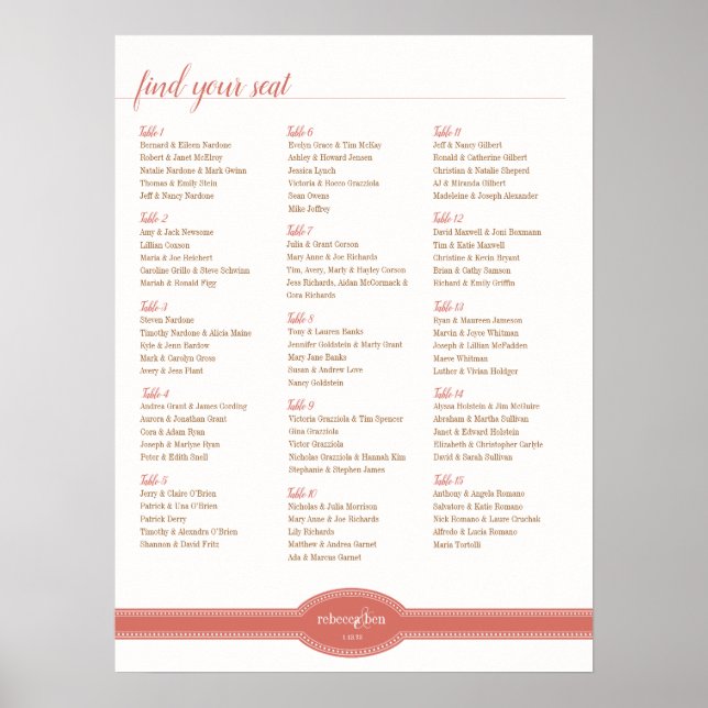 Coral Seating Chart, Caroline Wedding Collection Poster (Front)