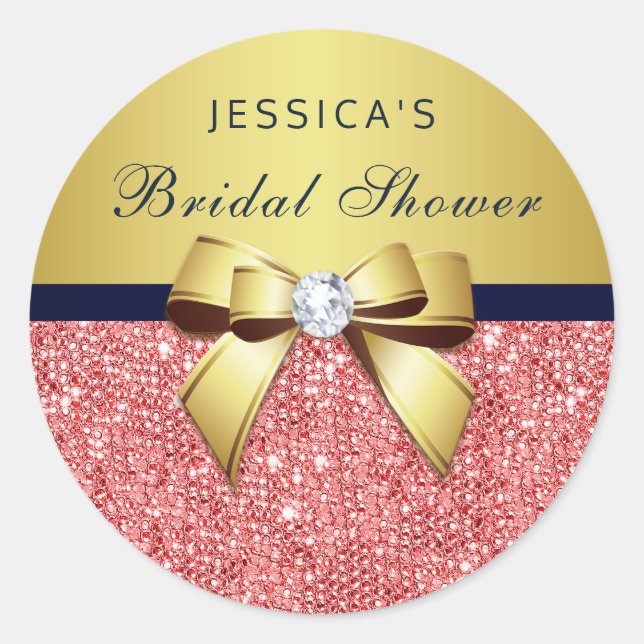 Coral Sequins Gold Navy Diamonds Bow Bridal Shower Classic Round Sticker (Front)