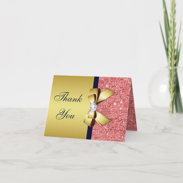 Coral Sequins Gold Navy Diamonds Bow Thank You Card (Front)